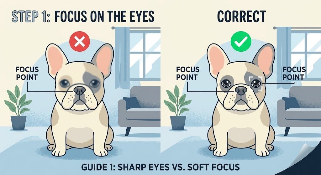 Step 1 Focus Guide: Side-by-side comparison of a blurry-eyed French Bulldog versus a sharp-eyed focus, essential for a clear pet portrait by FurArtPro
