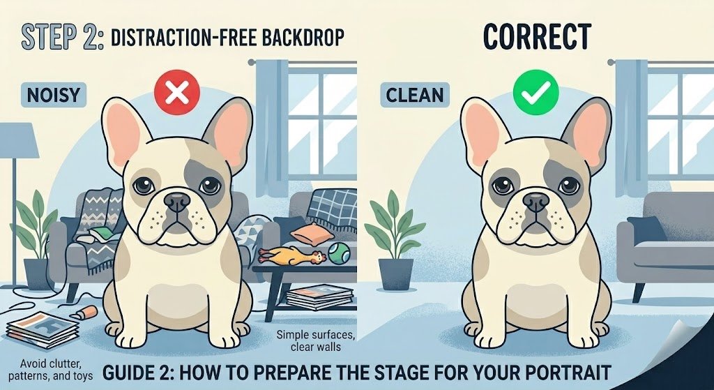 Step 2 Backdrop Guide: Illustrating a cluttered, noisy room background versus a clean, distraction-free wall, a key tip for professional pet photography