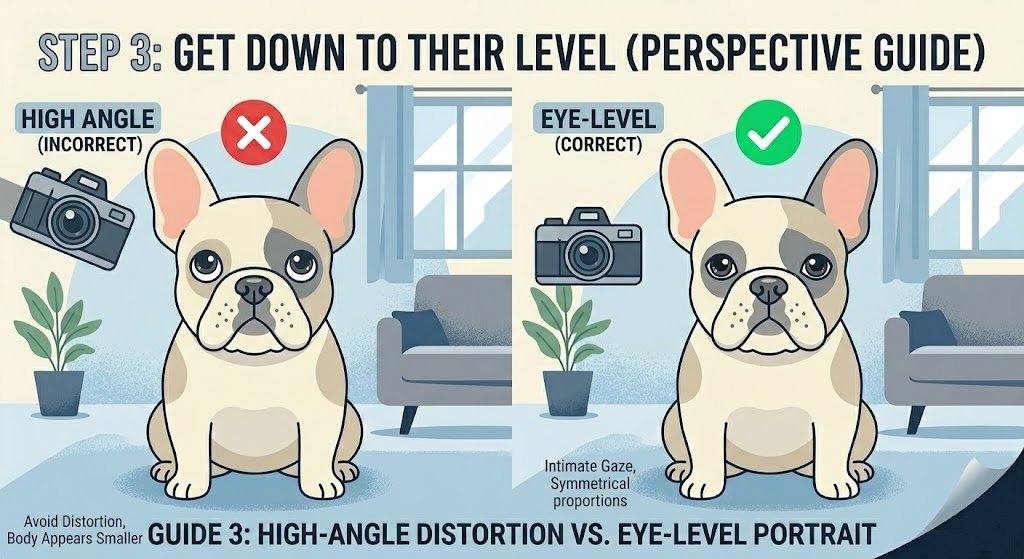 Step 3 Angle Guide: Comparing high-angle distortion (making the pet look small) with an eye-level portrait perspective, creating intimate pet art by FurArtPro