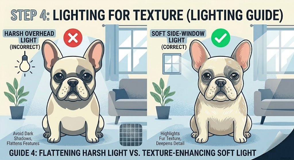 Step 4 Lighting Guide: Comparing harsh, direct overhead lighting that flattens fur versus soft side-window light that enhances fur texture for realistic canvas prints