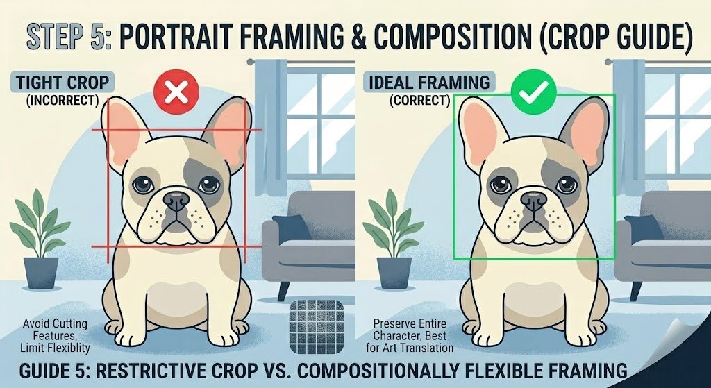 Step 5 Composition Guide: Showing an incorrectly tight crop (cutting off features) versus ideal, compositionally flexible framing that preserves the entire pet for art translation