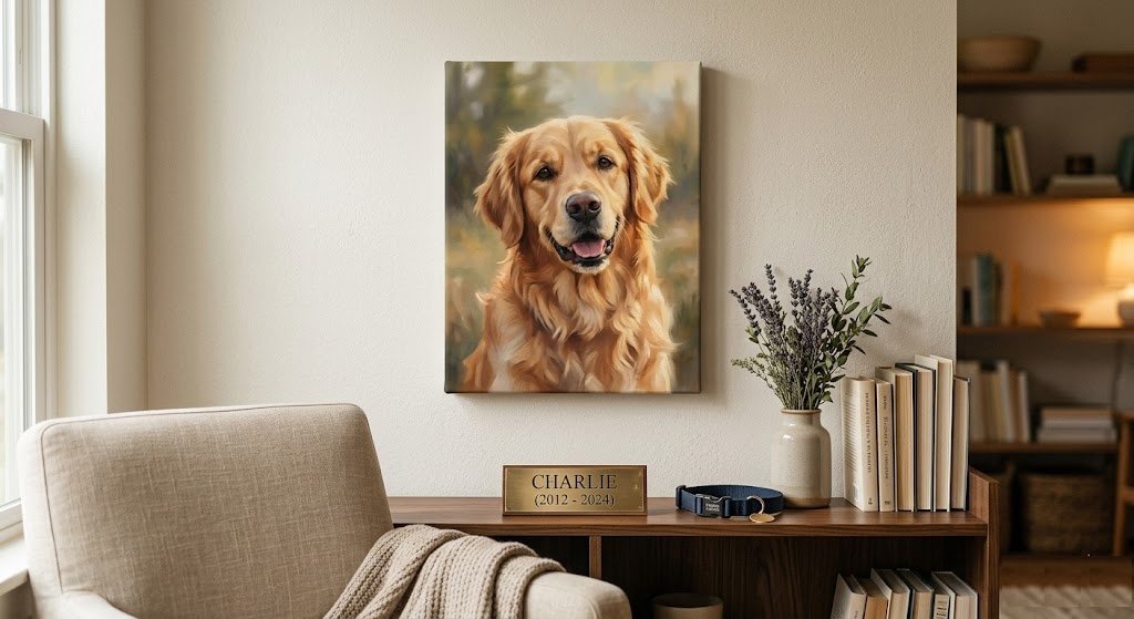 Custom pet memorial canvas portrait displayed in a warm living room as a beautiful tribute to a lost dog
