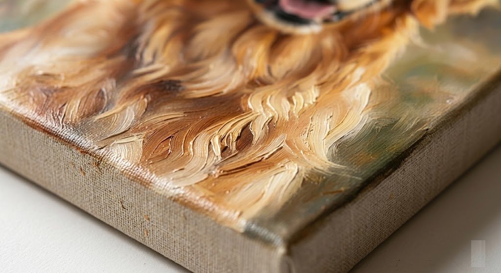Close-up detail of high-quality canvas texture and artistic oil painting style print on a custom pet memorial portrait, showing deep brushstrokes and precise gallery wrap edge