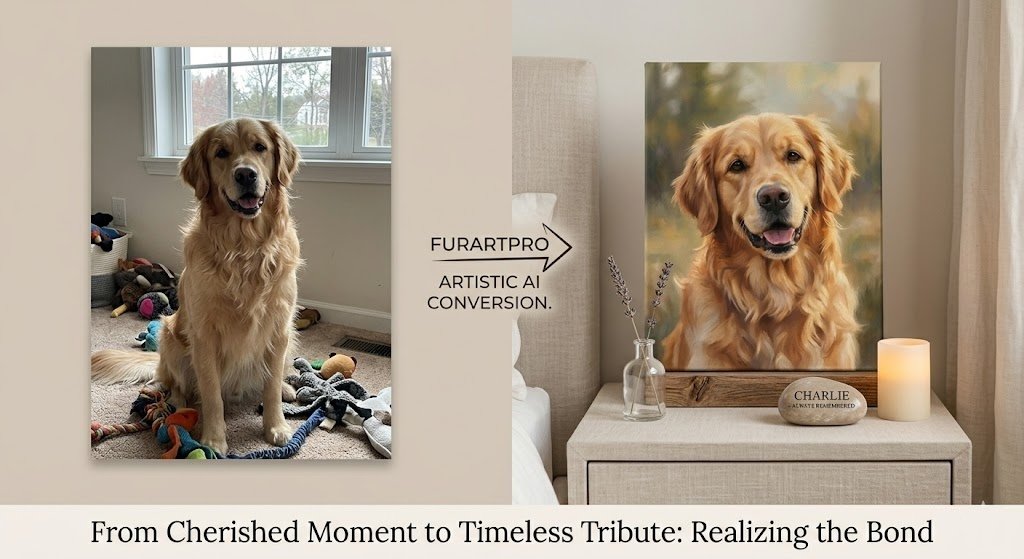 Split graphic showing the transformation of a casual smartphone photo of a dog into a textured, artistic pet memorial canvas portrait, displayed on a bedstand