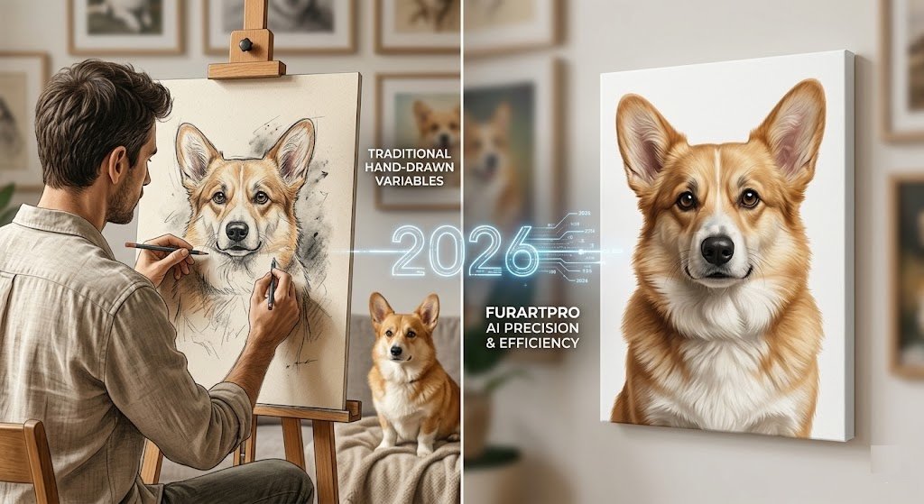 A comparison of a hand-drawn colored pencil sketch and a custom oil painting portrait of a smiling Golden Retriever, Charlie (2012-2024), displayed side-by-side above a shelf with lavender and an engraved memorial plate.