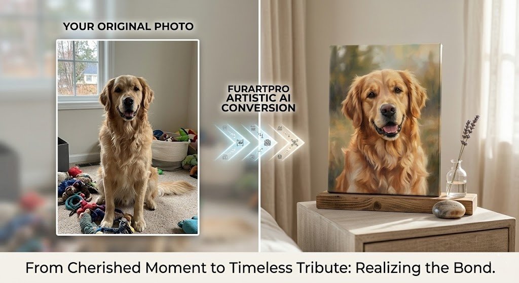 Before and after comparison: transforming a casual smartphone pet photo into a professional, high-quality FurArtPro canvas portrait displayed on a home wall.