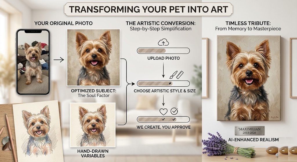Three-step ordering process for custom pet portraits: upload your photo, select your artistic style and size, and receive your premium printed canvas