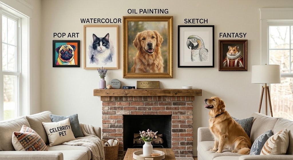 Gallery wall featuring various FurArtPro custom pet portrait styles like oil painting, watercolor, and pop art above a fireplace in a modern home.