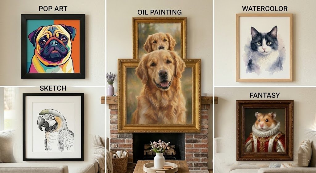 Collage showcasing 5 distinct FurArtPro pet portrait styles: oil painting, watercolor, pop art, sketch, and royal portrait.