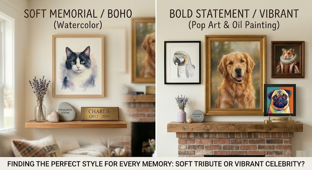 Two home interior scenes showing how different pet portrait art styles fit into modern and boho-style home decor.
