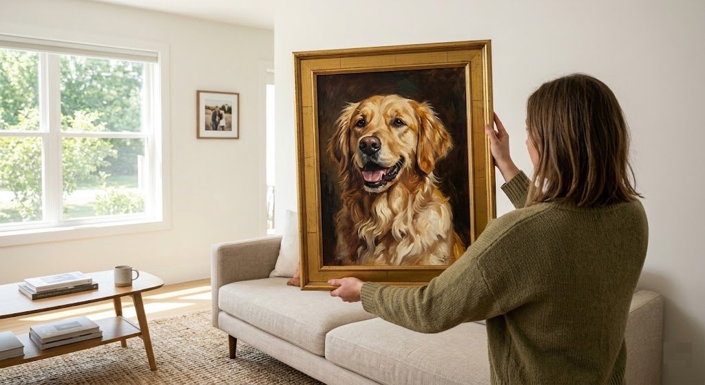 Woman holding a framed golden retriever pet portrait against a white living room wall.