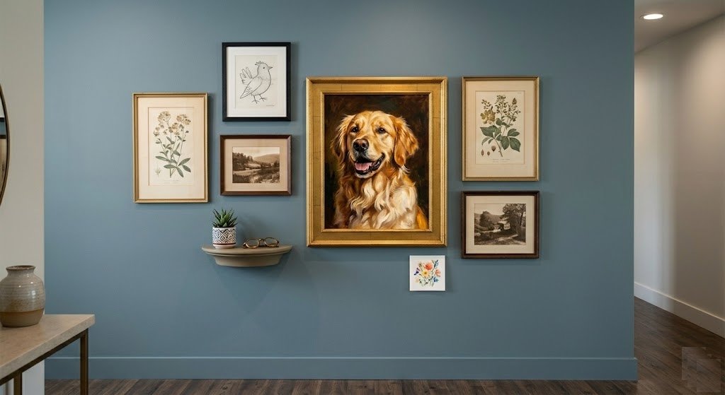 A gallery wall featuring a central golden retriever portrait surrounded by botanical and bird art.