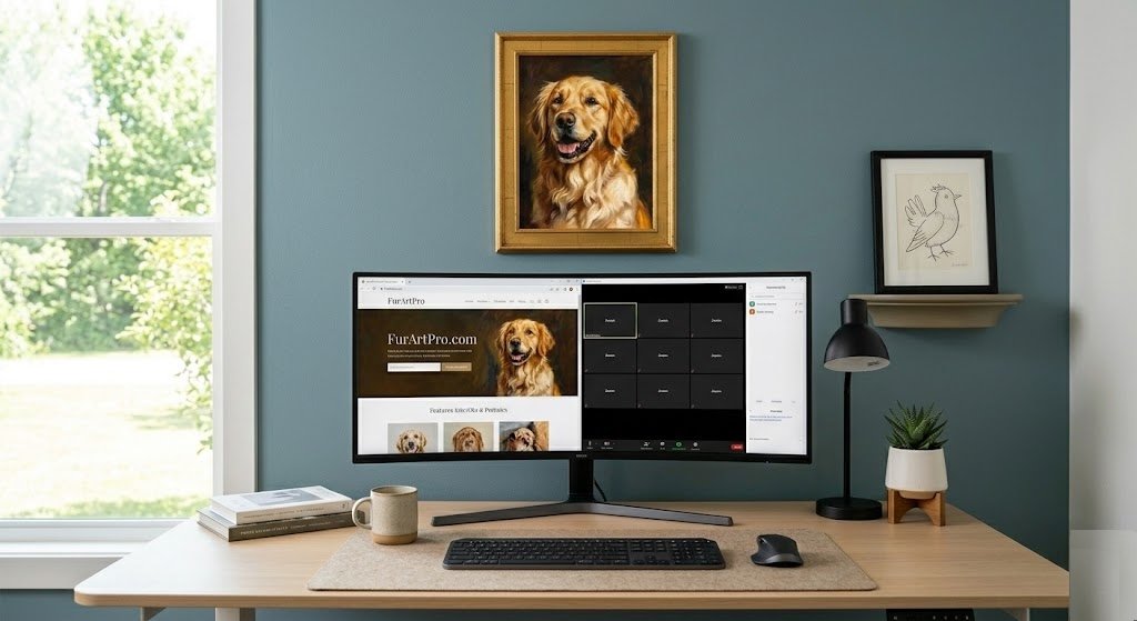 Home office setup with a framed golden retriever portrait hanging above a desk monitor.