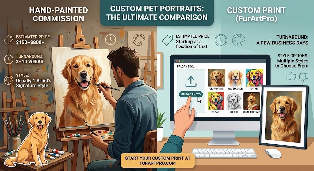 Infographic comparing hand-painted pet portraits to custom prints, highlighting differences in price, speed, and customization options between traditional artist commissions and the FurArtPro digital service.