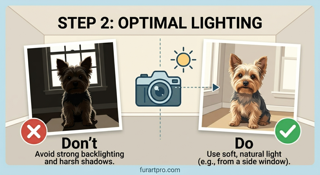 Step 2 Optimal Lighting guide: infographic comparing harsh backlighting with a natural, soft side-window light setup for a pet portrait photo.