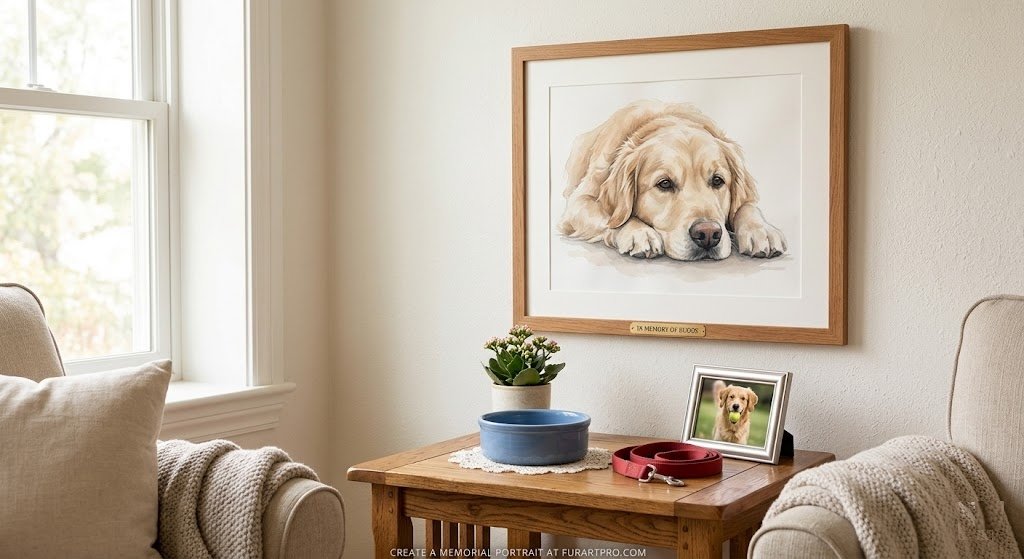 A cozy indoor nook featuring an open wooden-framed watercolor portrait of a Golden Retriever dog, mounted above a small wooden side table. On the table are a ceramic blue dog bowl, a red collar and leash, a framed photo of the same dog in a field, and a potted plant.