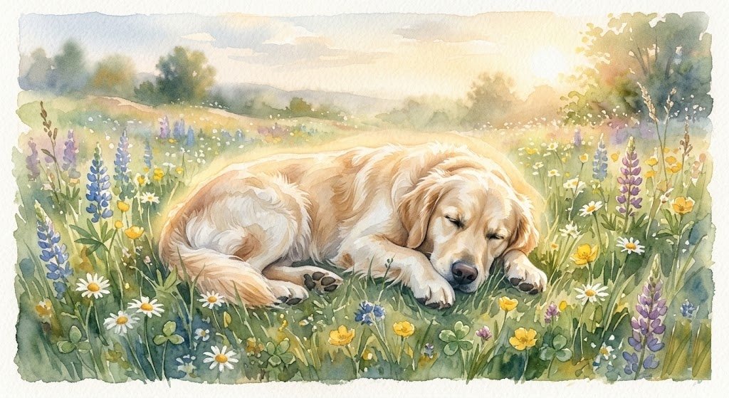 A soft, dreamlike watercolor illustration of a Golden Retriever dog sleeping peacefully amidst a vibrant meadow of wildflowers (lavender, daisies, and buttercups) under a gentle, sunlit sky. The composition is horizontally framed with watercolor bleed edges.