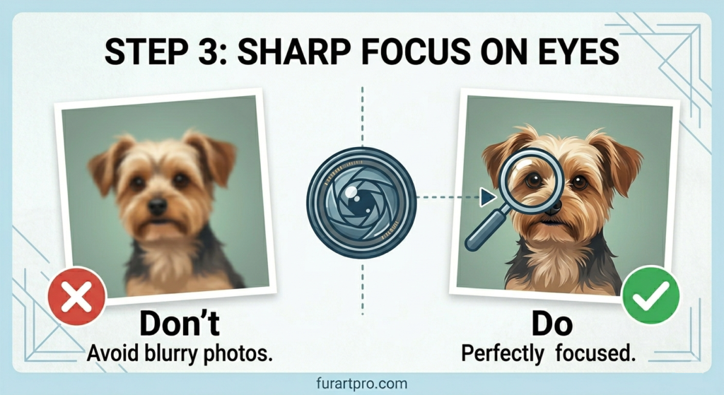 Step 3 Sharp Focus guide: infographic demonstrating the visual contrast between a blurry pet photo and a perfectly focused image with a focus on the eyes.