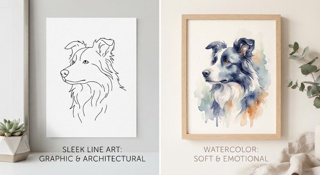 Sleek Line Art vs. Watercolor: Two Minimalist Pet Portrait Styles Compared