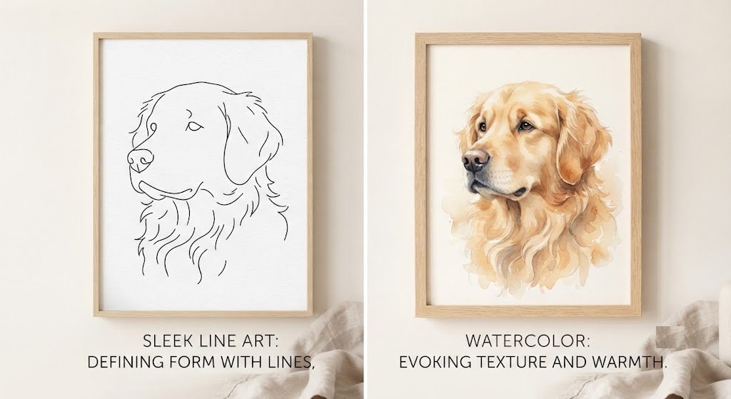 Sleek Line Art vs. Watercolor: Two Minimalist Pet Portrait Styles Compared